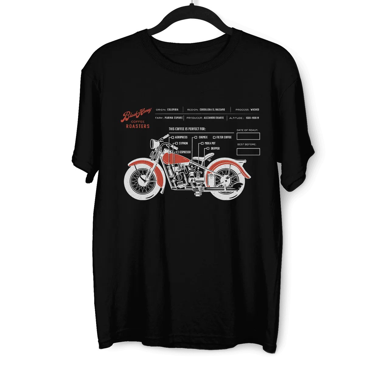 Coffee Roaster Hipster Harley Davidson Biking Columbia Coffee Beans T-Shirt