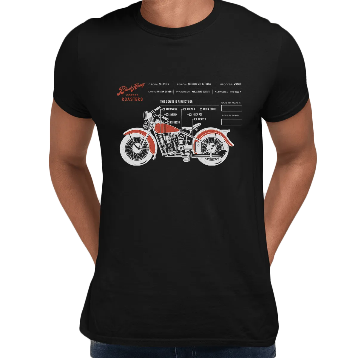 Coffee Roaster Hipster Harley Davidson Biking Columbia Coffee Beans T-Shirt