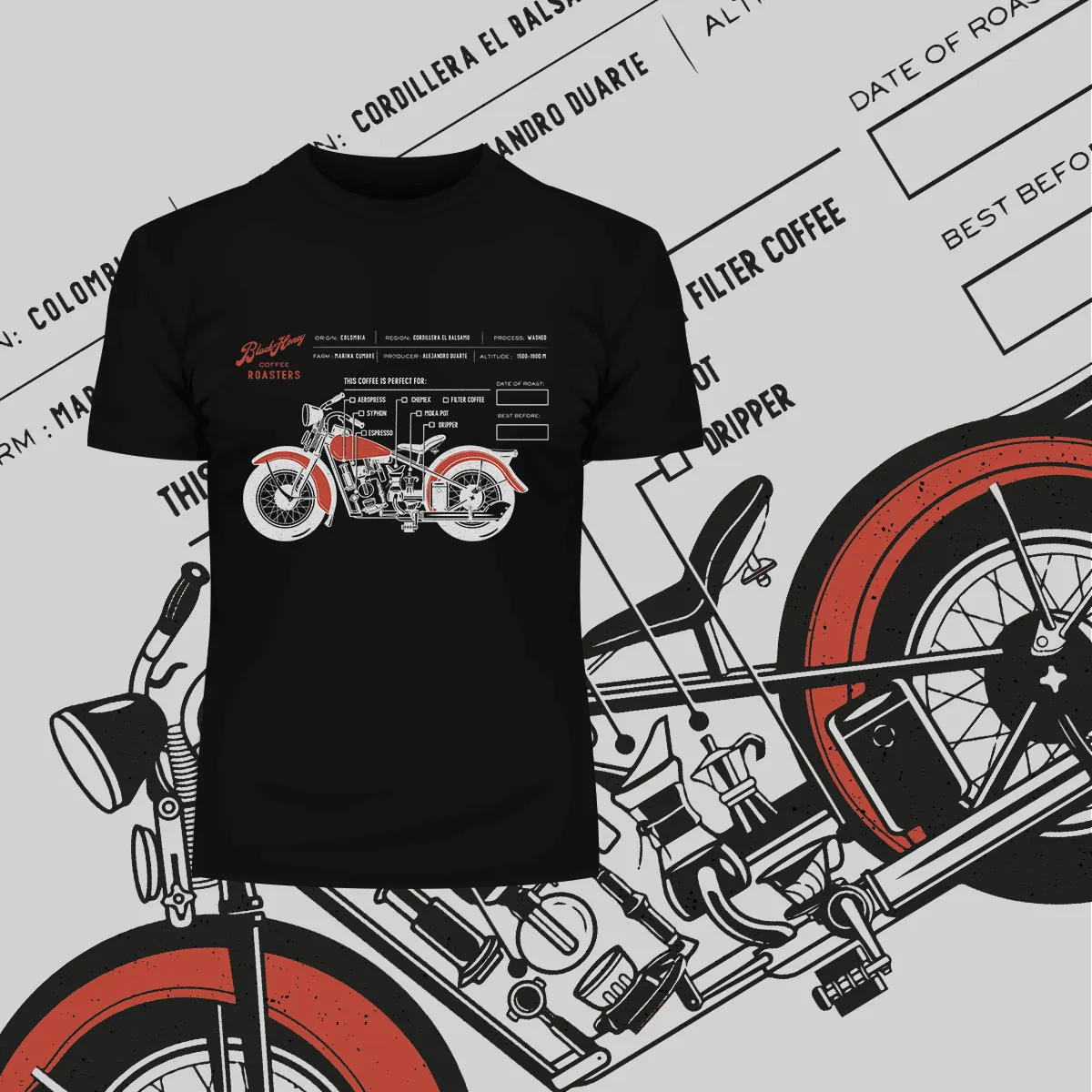 Coffee Roaster Hipster Harley Davidson Biking Columbia Coffee Beans T-Shirt