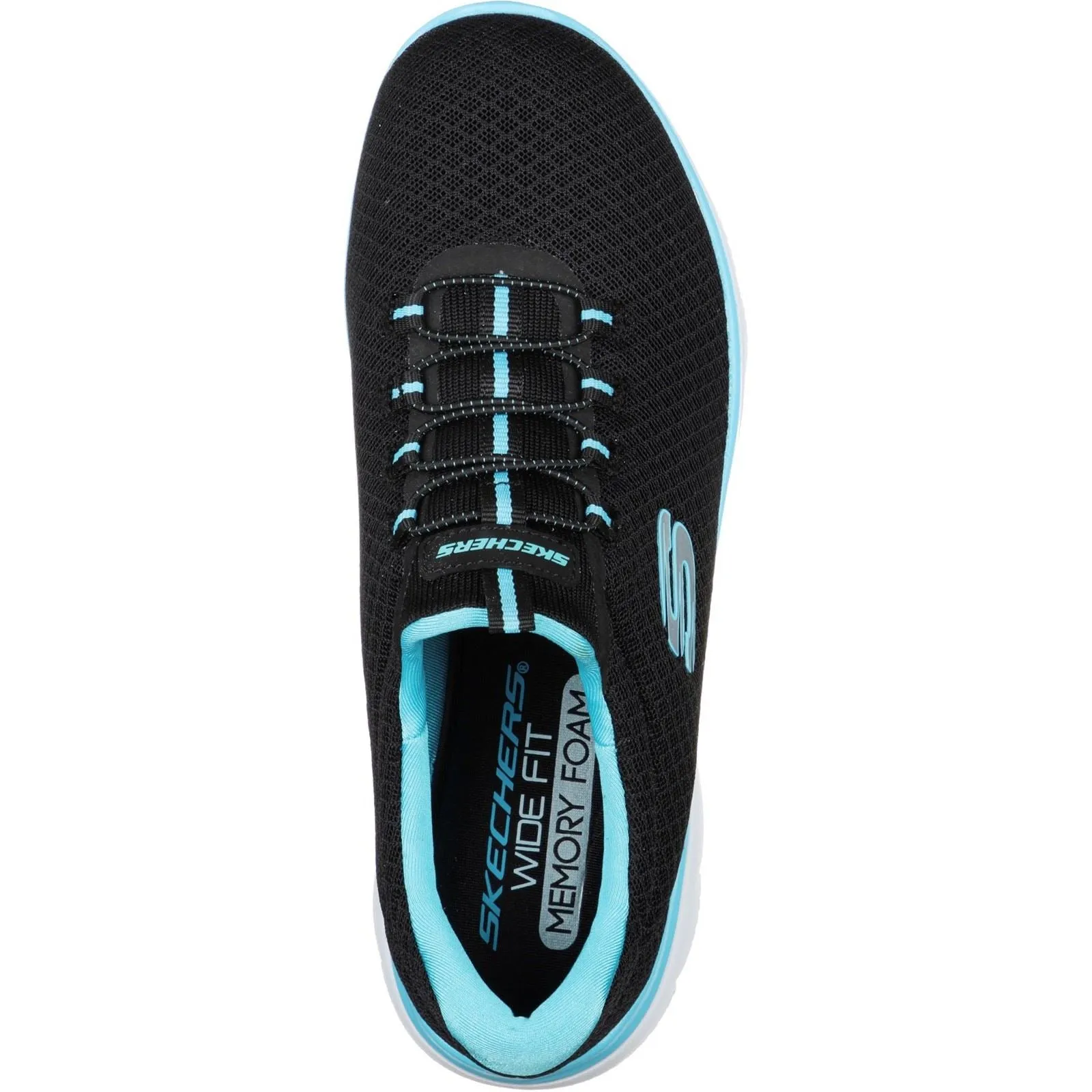 Women's Wide Fit Skechers 12980 Summits Slip On Sports Sneakers - Black/Turquoise